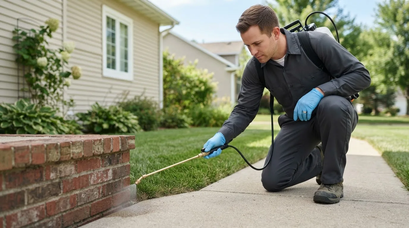Pest control technician treating a home near Fair Grove, MO